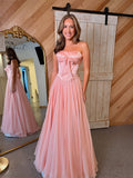 Pink Strapless A-Line Corset Bodice Prom Dress with Bow