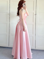 Robe de bal bustier rose en satin en ligne A avec col rabattable