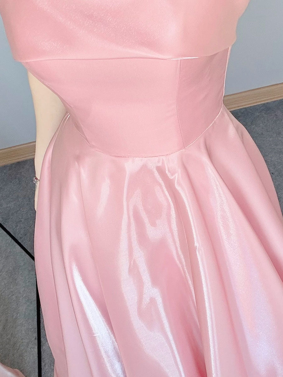 Robe de bal bustier rose en satin en ligne A avec col rabattable
