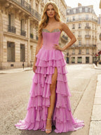 Robe de bal rose bustier à volants superposés avec ornements en cristal