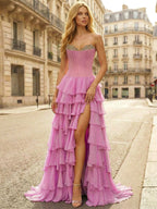 Robe de bal rose bustier à volants superposés avec ornements en cristal