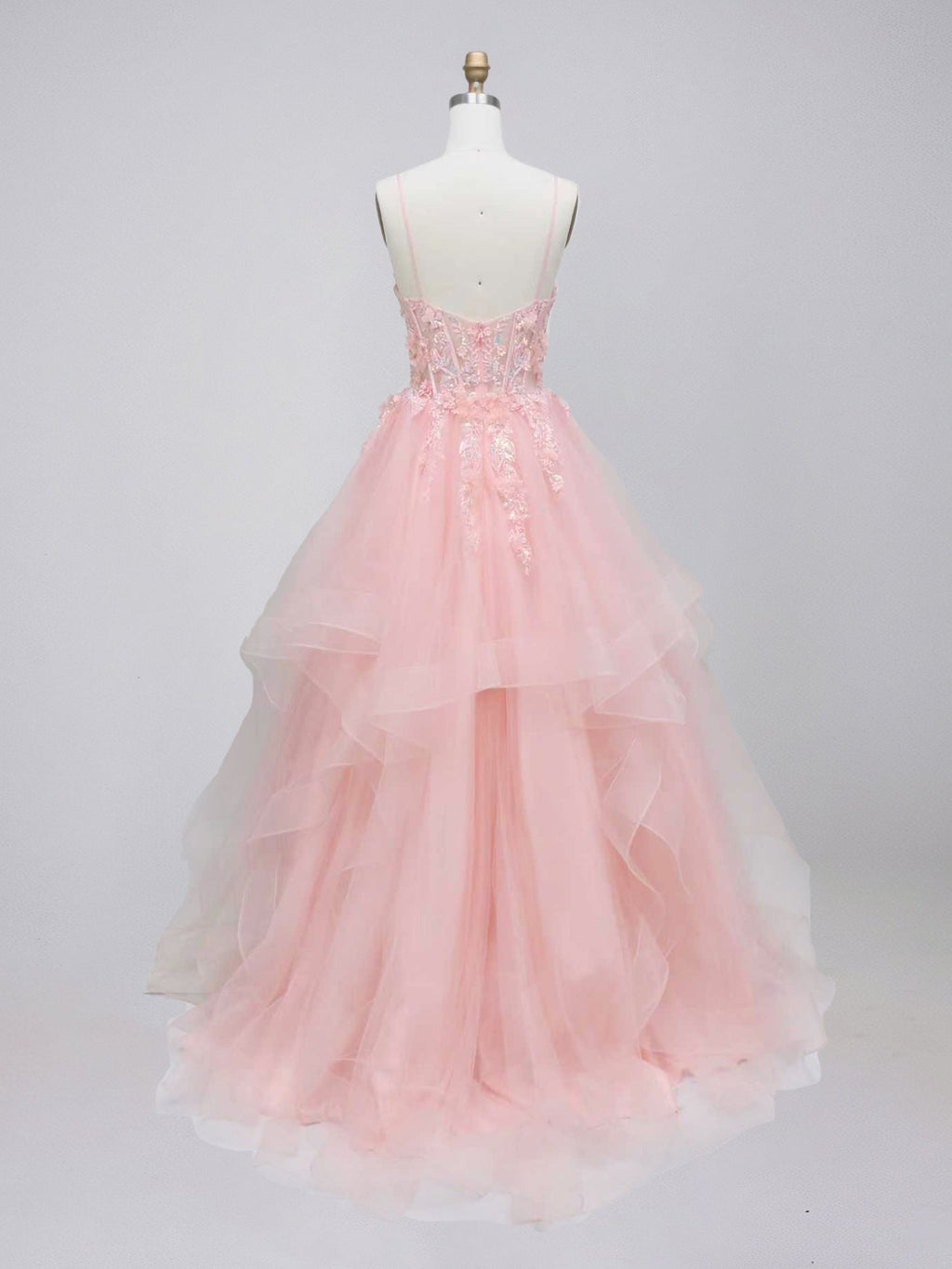 Rosa gestuftes Tüll-Abschlussballkleid mit floral besticktem, transparentem Korsett