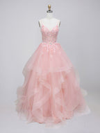 Rosa gestuftes Tüll-Abschlussballkleid mit floral besticktem, transparentem Korsett