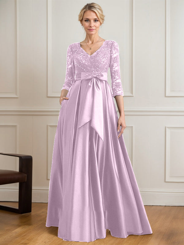 Robe mère de la mariée en satin et dentelle, coupe trapèze, col en V, longue avec nœud à sequins