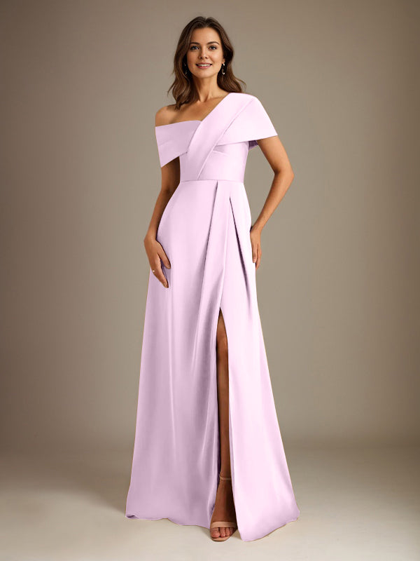 A-Linien asymmetrischer Ausschnitt bodenlanges Satin-Brautkleid für die Brautmutter mit Falten