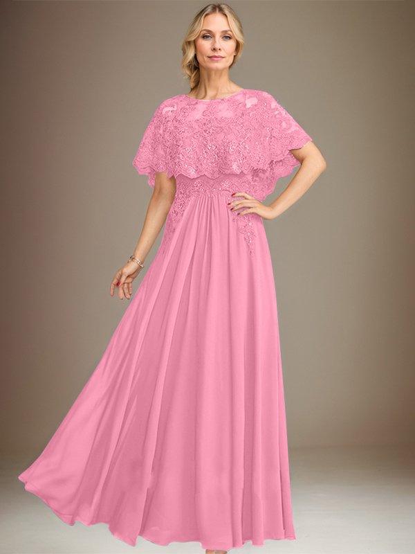 A-Linien Spitzen-Chiffon-Mutter-der-Braut-Kleid mit Bootsausschnitt, bodenlang und Applikations-Pailletten
