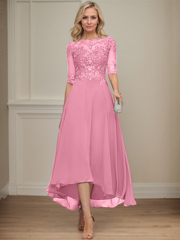 A-Linien Bootsausschnitt Illusionskleid mit asymmetrischem Chiffon-Spitzenstoff, Mutter-der-Braut-Kleid mit Paillettenperlen