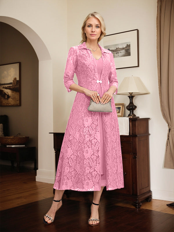 Robe mère de la mariée en mousseline longueur thé à encolure en V et coupe trapèze