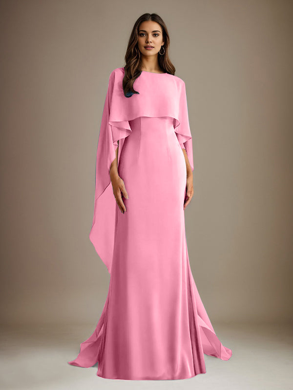 Etuikleid/Säulenkleid Bootsausschnitt bodenlanges Chiffon Mutter-des-Braut-Kleid mit kaskadierenden Rüschen