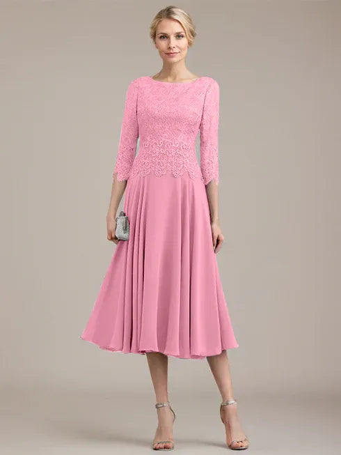 A-Linien Kleid mit Rundhalsausschnitt, tea-länge, Spitze und Chiffon, Mutter der Braut Kleid