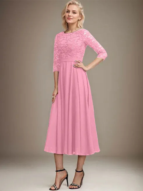 A-Linien Spitzen-Chiffon-Brautmutterkleid mit V-Ausschnitt, tea-length, mit Pailletten