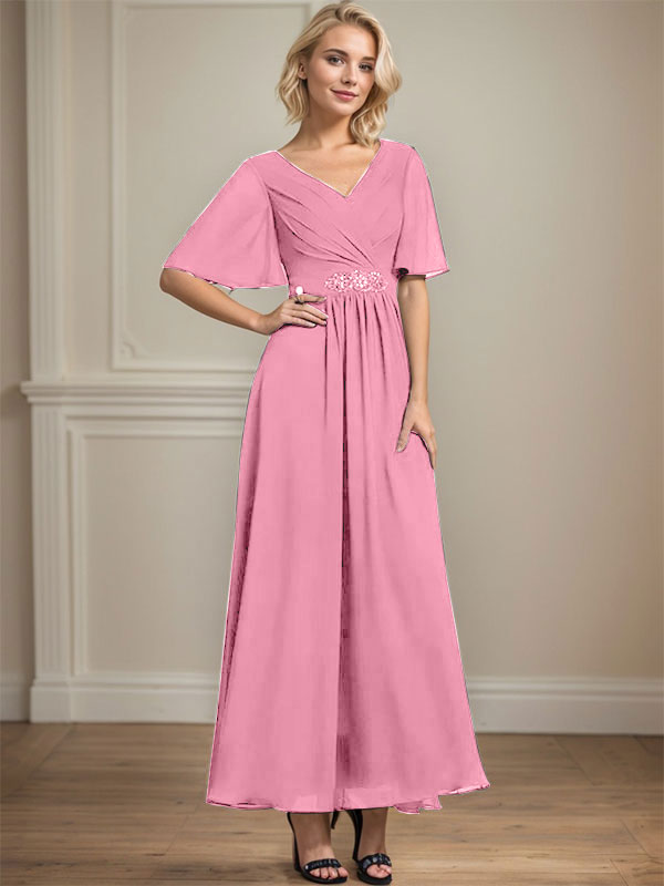A-Linien V-Ausschnitt Knöchellanges Chiffon Kleid für die Brautmutter mit plissierten Perlen und Pailletten
