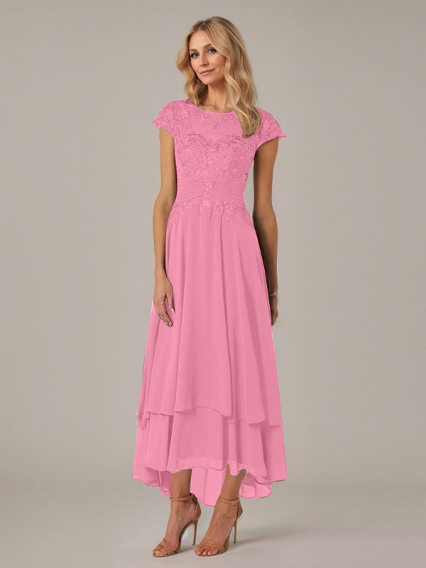 A-Linien Boot-Ausschnitt Illusions asymmetrisches Chiffon-Spitzen Mutterkleid der Braut mit Applikationsfalten