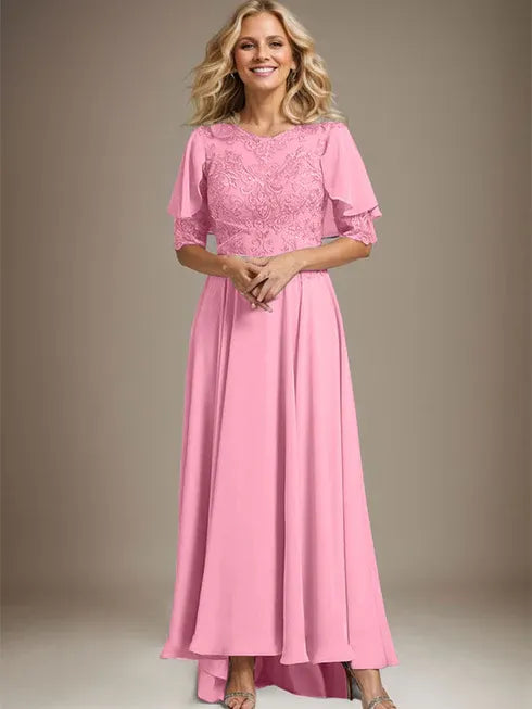 A-Linien Kleid mit Scoop-Ausschnitt, Illusion, asymmetrischem Chiffon und Spitzen, Mutter-der-Braut-Kleid mit Perlenbesatz