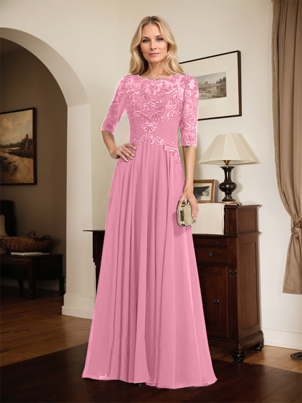 A-Linien Ausschnitt Illusions-Bodenlanges Chiffon-Spitzenkleid für die Mutter der Braut mit plissierten Pailletten
