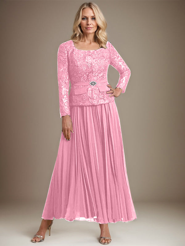 A-Linien-Kleid mit quadratischem Ausschnitt, knöchellang, Chiffon, Mutter der Braut, mit Falten