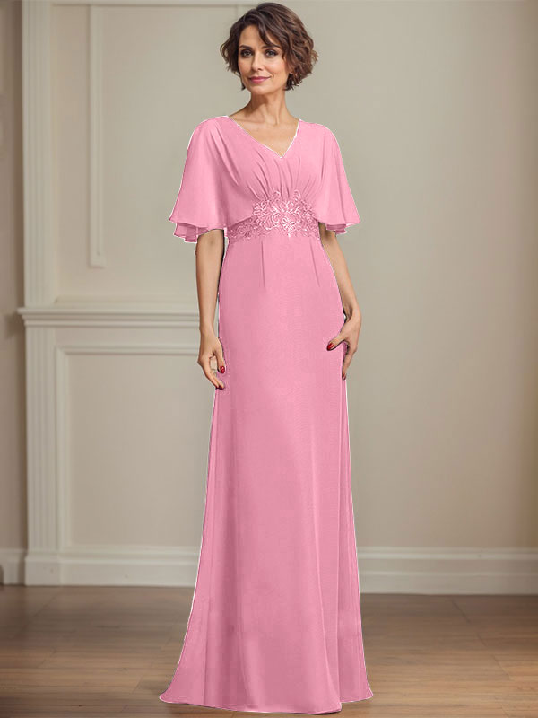 A-Linien Chiffon Mutter-der-Braut-Kleid mit V-Ausschnitt, bodenlang, mit plissierten Pailletten-Applikationen und Spitze