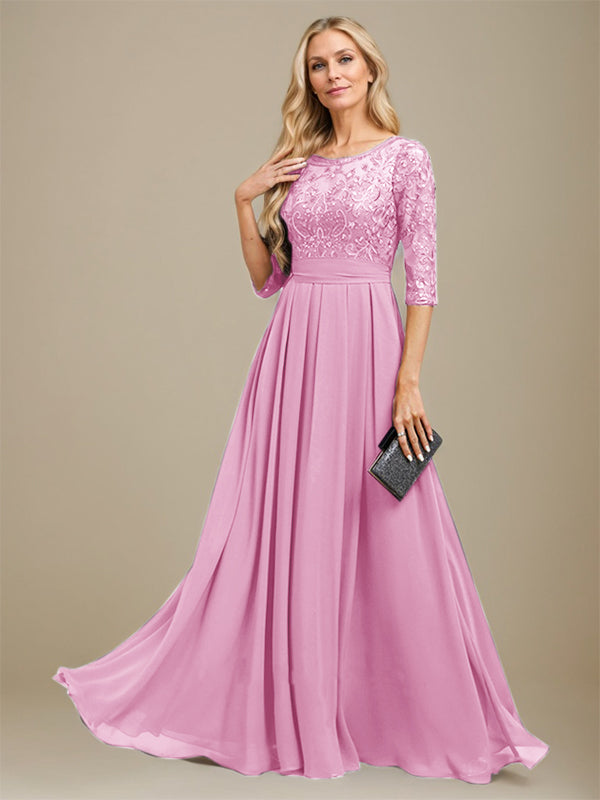 A-Line Scoop Floor-Length Lace Chiffon Mother Of the Bride Dress With Sequins Applique