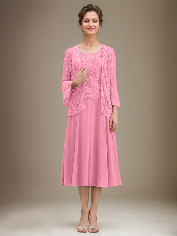 A-Linien Spitzen-Chiffon-Brautmutterkleid mit V-Ausschnitt, tea-length, mit Pailletten