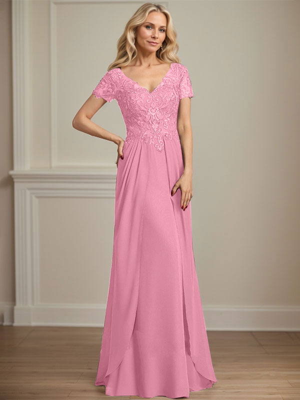 A-Linien Chiffon-Spitzen-Mutter-der-Braut-Kleid mit V-Ausschnitt, bodenlang