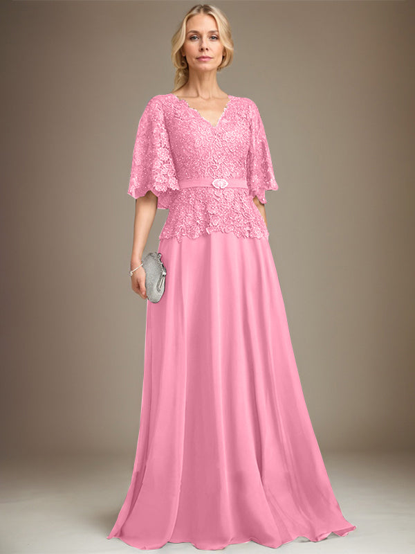 A-Linien V-Ausschnitt Bodenlanges Chiffon-Spitzen Mutter-der-Braut-Kleid mit Kristallbrosche und Strass
