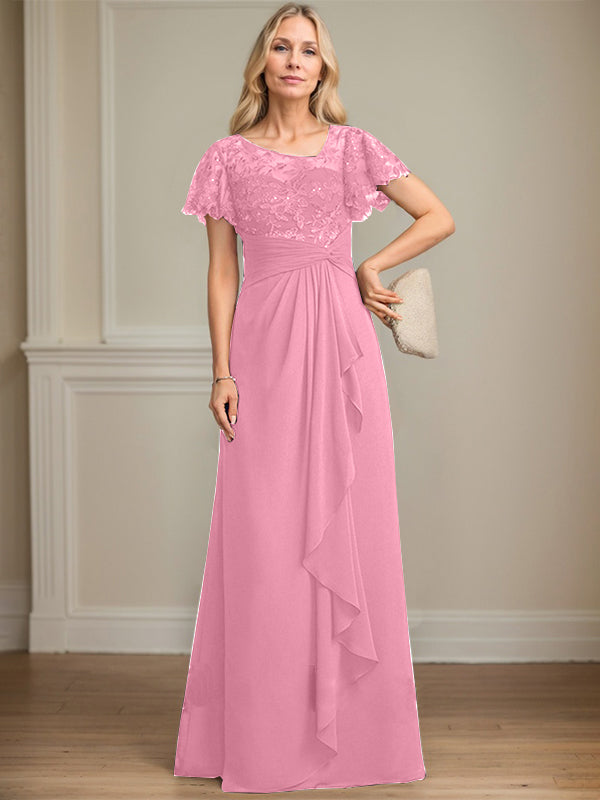 A-Linie asymmetrisches Illusions bodenlanges Spitzen-Chiffon Brautmutterkleid mit kaskadierenden Volants und Pailletten