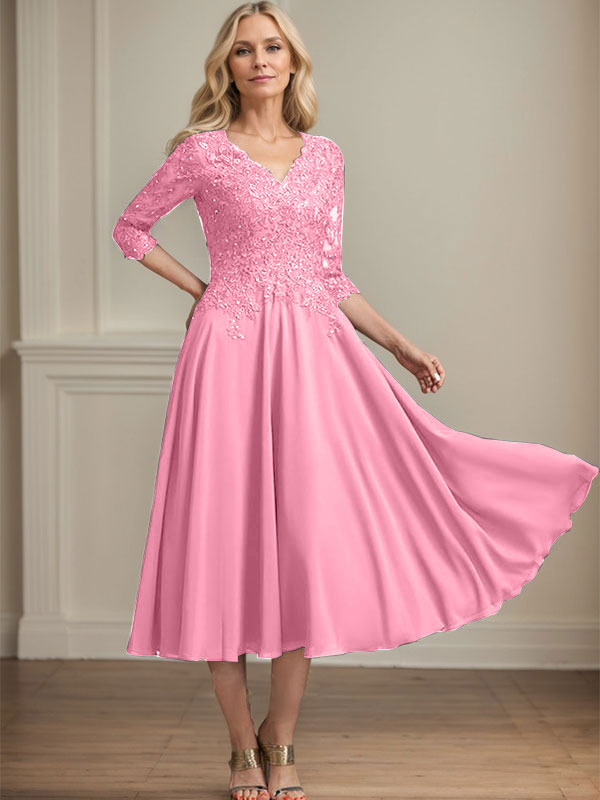 Robe de mère de la mariée en mousseline longueur thé, ligne A, col en V, en dentelle avec perles et sequins