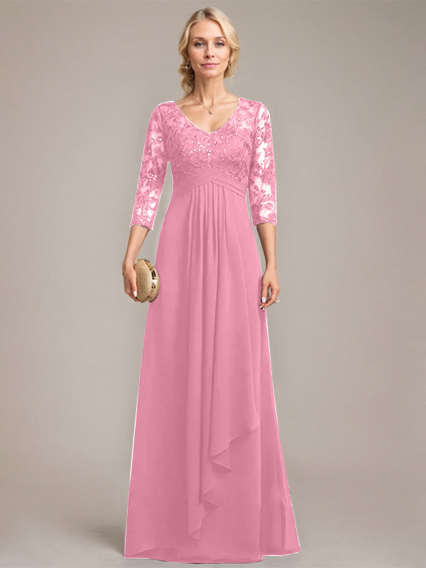 A-Linien V-Ausschnitt bodenlanges Spitzen-Chiffonkleid für die Mutter der Braut mit kaskadierenden Rüschen und Pailletten