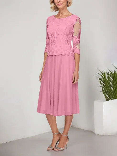 A-Linie Rundhals Tee-Länge Spitze Chiffon Mutter-der-Braut-Kleid mit Stickerei