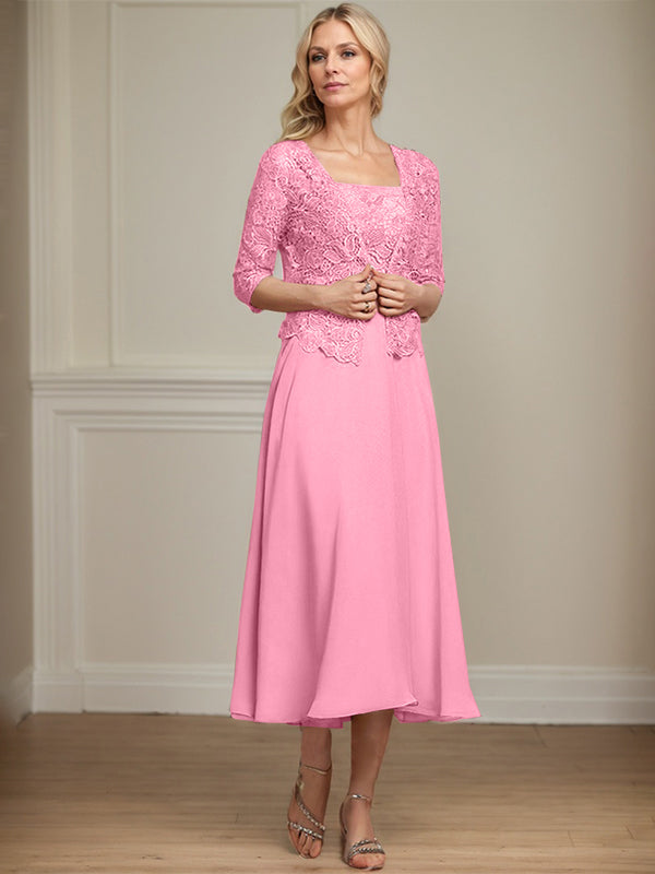 Robe de mère de la mariée en mousseline et dentelle ligne A longueur thé avec perles et sequins