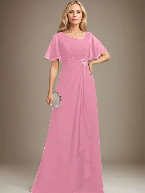 A-Linien asymmetrisches bodenlanges Chiffon Mutter-der-Braut-Kleid mit plissierten Perlen und Pailletten