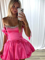 Pink A-Line Bateau Bow Straps Satin Beaded Homecoming Dress