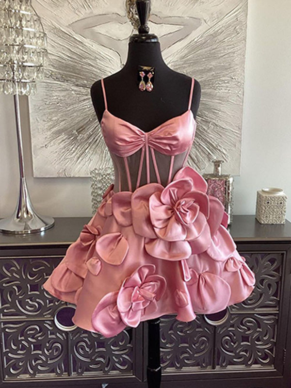 Pink A-Line Spaghetti Straps Short Floral Satin Homecoming Dress