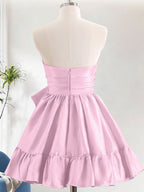 Pink A-Line Strapless Ruffle Short Homecoming Dress with Bow