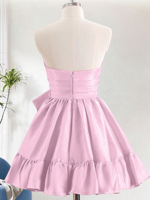 Pink A-Line Strapless Ruffle Short Homecoming Dress with Bow