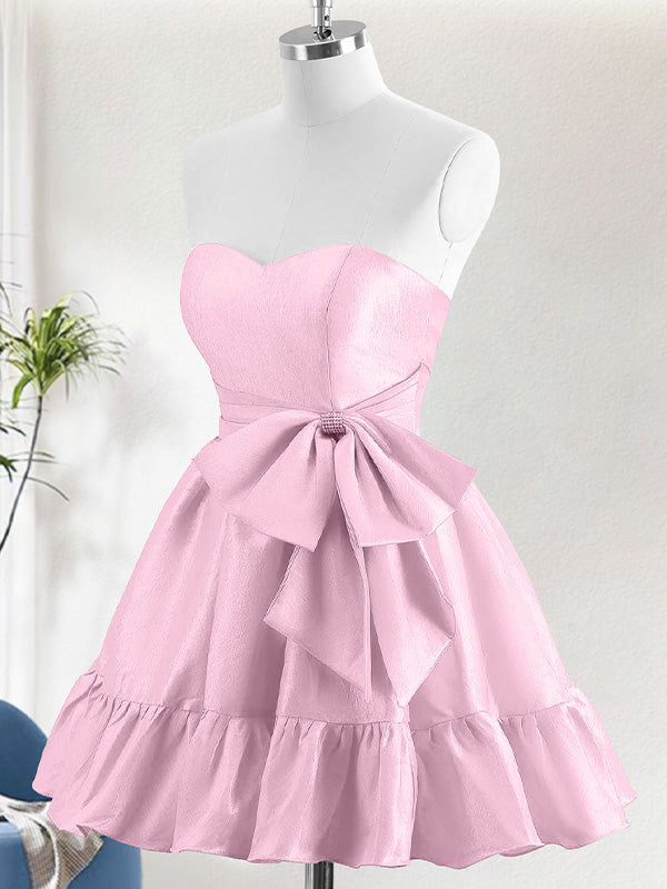 Pink A-Line Strapless Ruffle Short Homecoming Dress with Bow