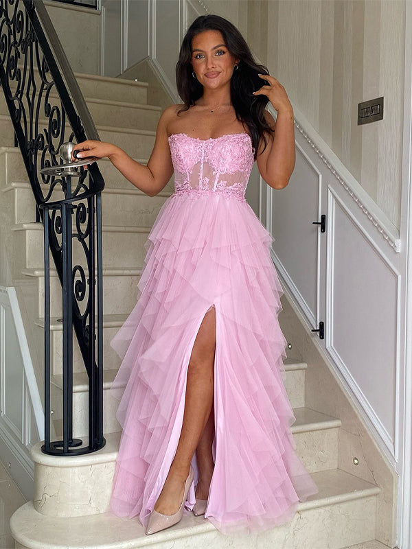 Robe longue de bal noire en tulle à étages, bustier sans bretelles, ligne A, appliques