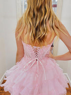 A-Line Sweetheart Lace Up Short Tiered Tulle Homecoming Dress