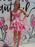 Pink A-Line Sweetheart Strapless Appliquues Tiered Homecoming Dress