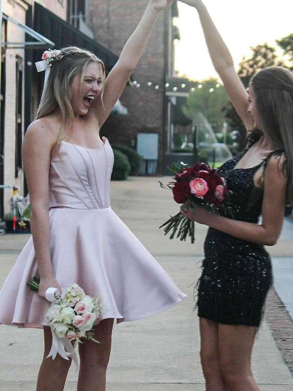 Pink A-line Strapless Satin Short Homecoming Dress