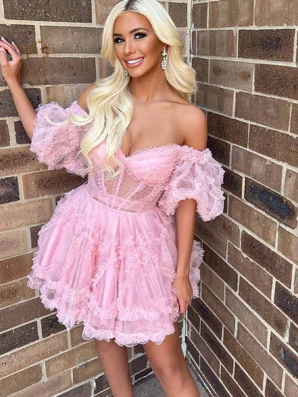 Pink A Line Off the Shoulder Cortset Homecoming Dress