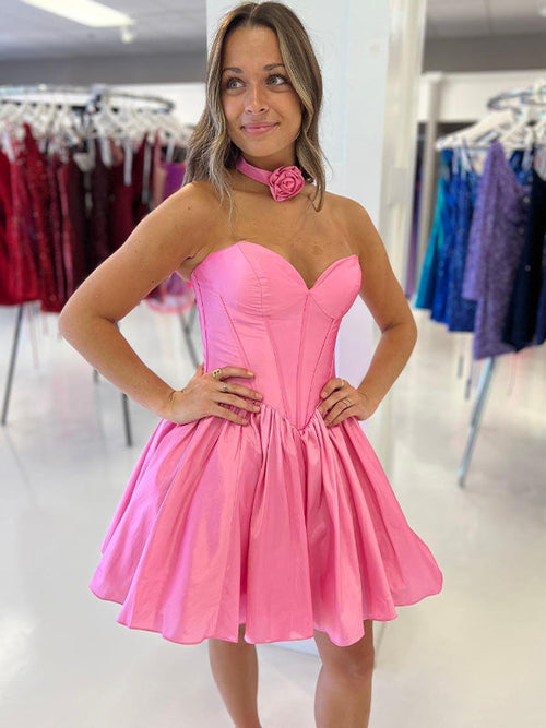 Pink A Line Strapless Sweetheart Short Homecoming Dress