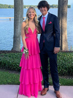 Blue A Line V-Neck Tiered Long Prom Dress with Cut-out