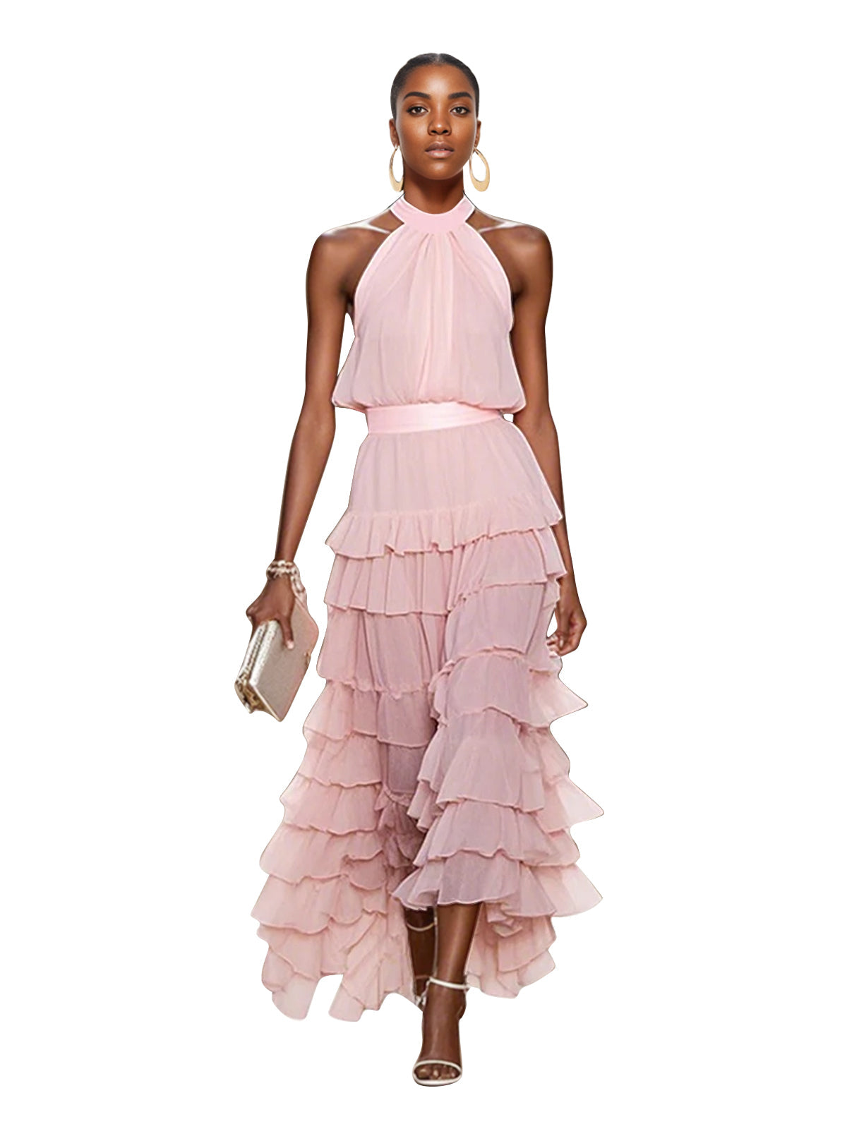 A Line Pink Chiffon Halter Neck Sleeveless Ankle Length Dress With Cascading Ruffles