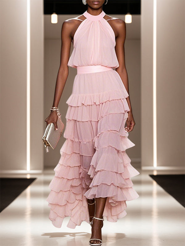 A Line Pink Chiffon Halter Neck Sleeveless Ankle Length Dress With Cascading Ruffles