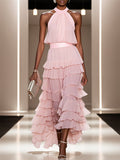 A Line Pink Chiffon Halter Neck Sleeveless Ankle Length Dress With Cascading Ruffles
