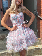 Pink Chiffon Printing Ruffle Mini Ball Gown Homecoming Dress With Bow