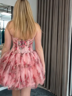 Pink Corset Strapless A Line Short Homecoming Dress with Ruffles