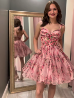 Pink Floral  Corset Spaghetti Straps Short Tulle Homecoming Dress