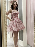 Pink Floral  Corset Spaghetti Straps Short Tulle Homecoming Dress